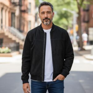 Black suede leather casual jacket for men, biker jacket